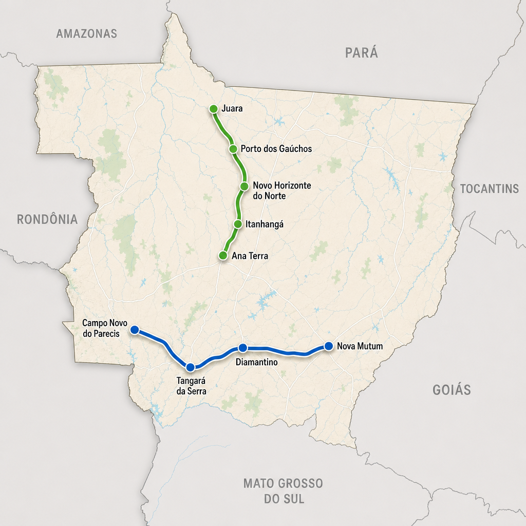 Mapa do Mato Grosso com rodovias da concessão